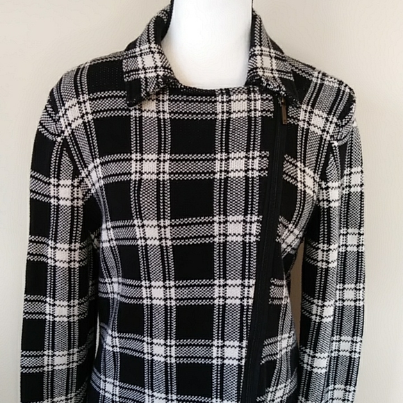 Plaid Asymmetrical Cropped Sweater Jacket LARGE Black White - Picture 4 of 16